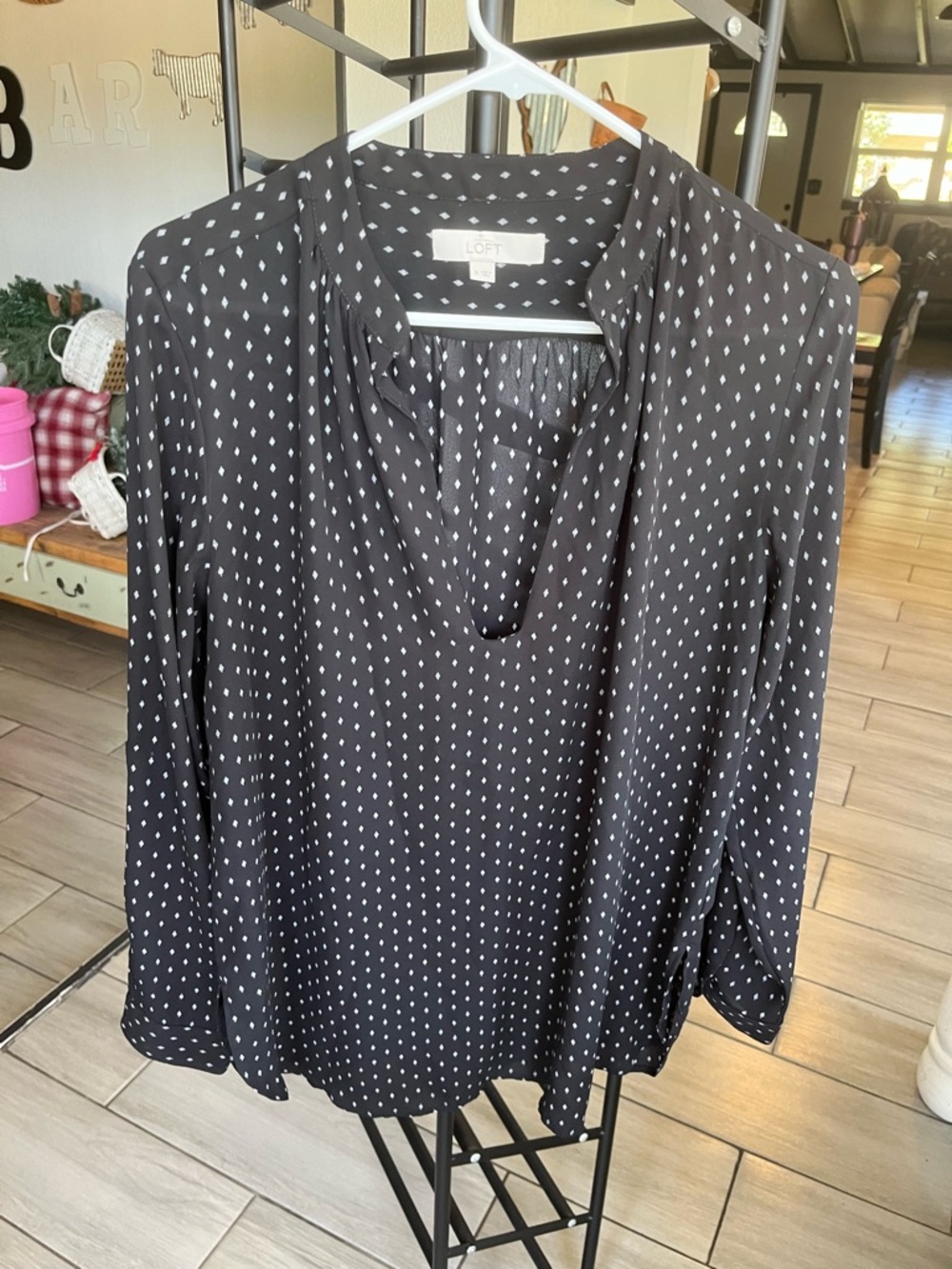 LOFT Black with White Dot V-Neck Blouse